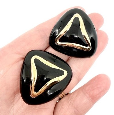 Large CINER Black Enamel Modernist Clip Back Earrings Signed Vintage Jewelry