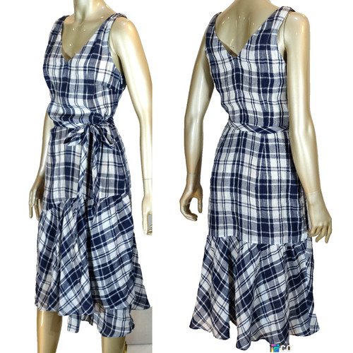 NORDSTROM SIGNATURE~NEW!!~BLUE & WHITE PLAID 100% LINEN FAUX WRAP DRESS SZ:2