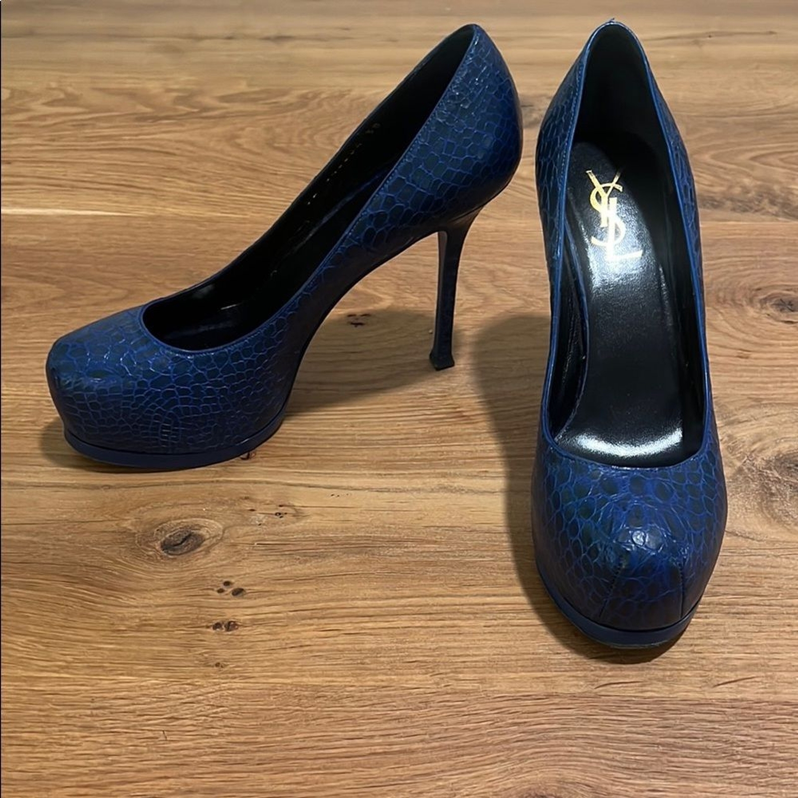 Décolleté YSL Yves Saint Laurent blu stampa serpente stiletto plateau taglia 38 con certificato di autenticità