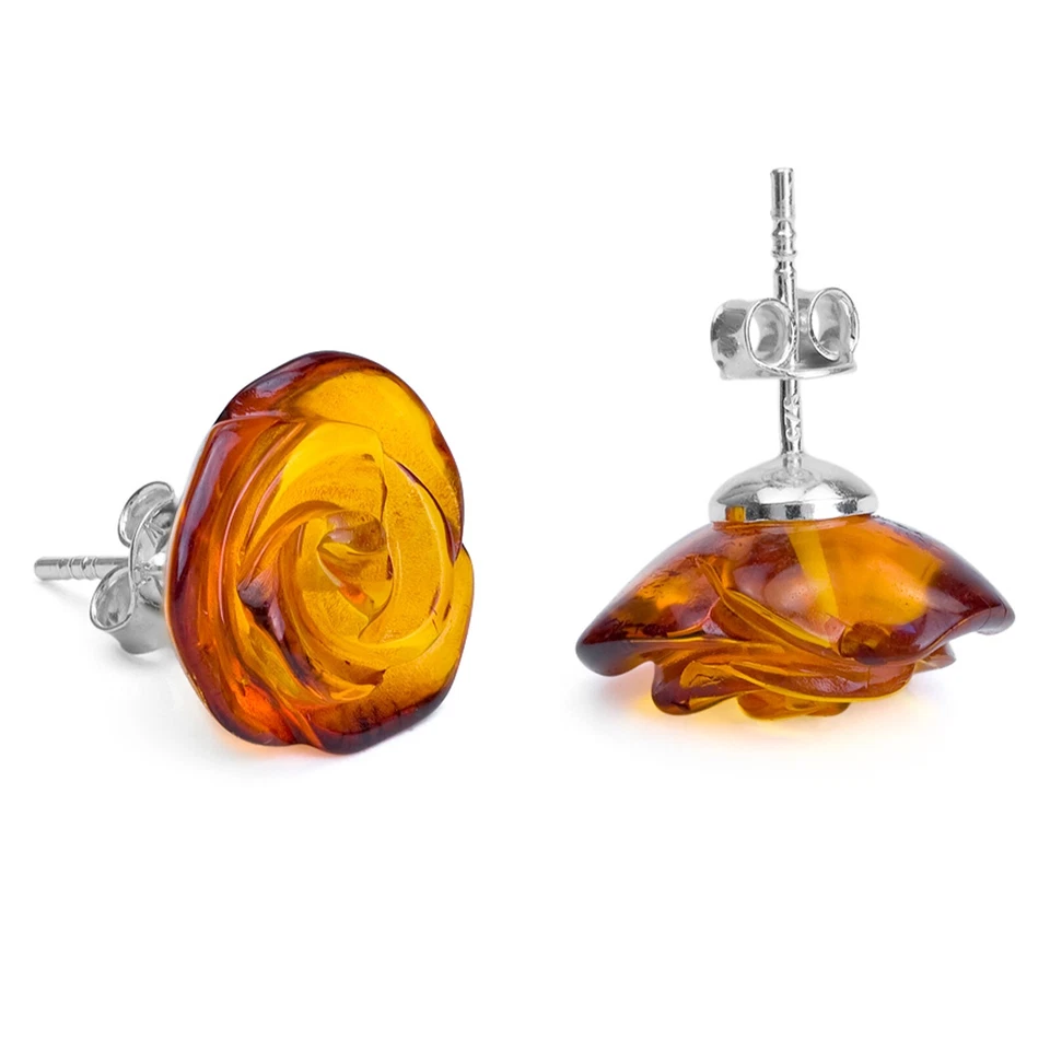 925 Solid Pure Sterling Silver Honey Baltic Amber Designer Rose Stud Earrings - Image 2 of 4