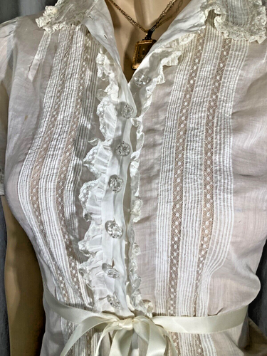 Blusa Top Vintage Encaje Algodón Eduardiano Manga Corta Botón Antigua Reliquia XS - Imagen 2 de 18
