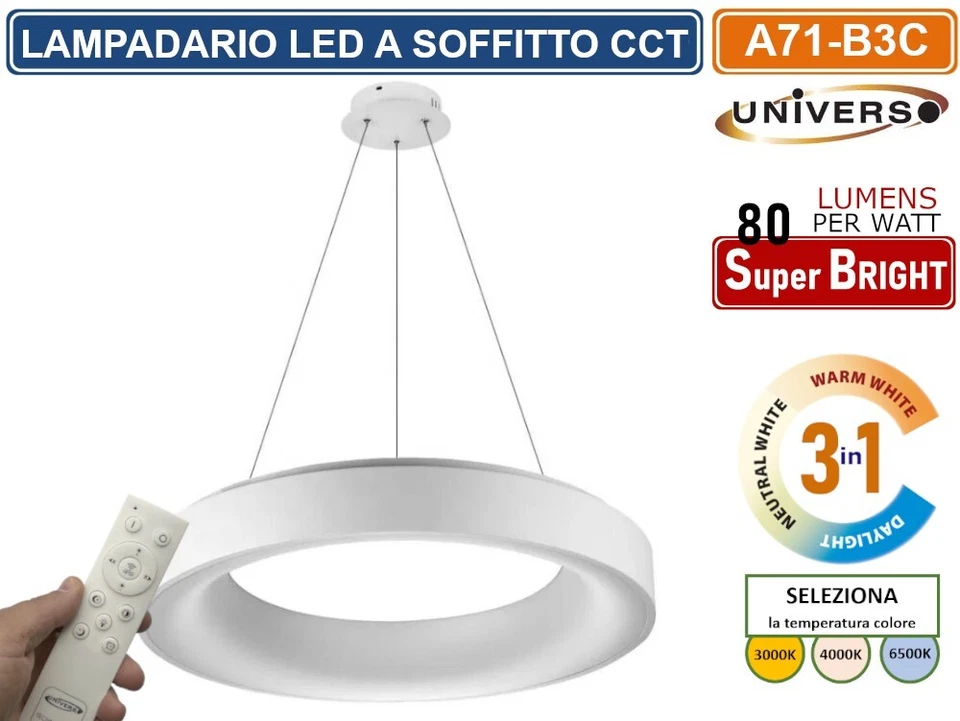 LAMPADARIO LED SMD A SOSPENSIONE DESIGN CIRCOLARE 43W COLORE BIANCO CCT 3IN1 - Immagine 2 di 3