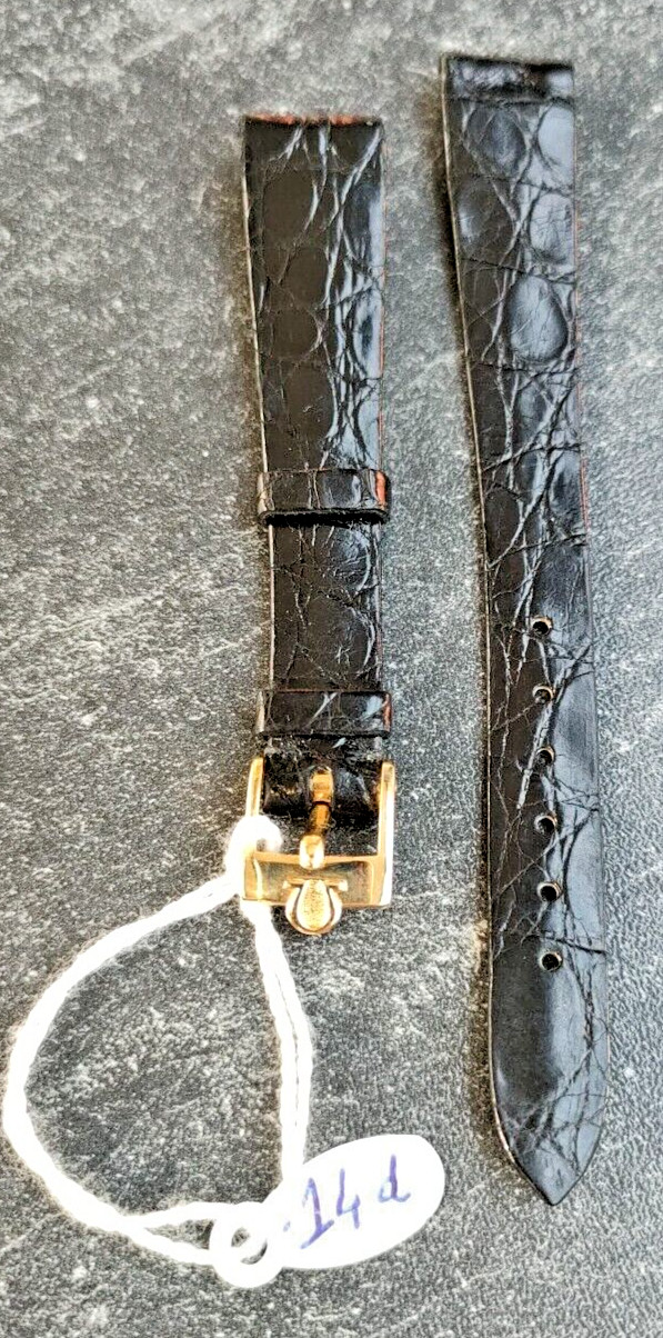 Bracelet montre Omega 14mm en cuir de lézard noir avec boucle dorée