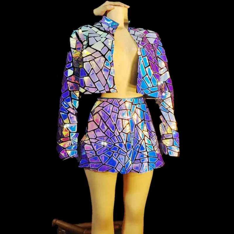 Vestido curto feminino cantora dançarina vestido de palco lantejoulas espelho laser azul roxo - Imagem 2 de 4