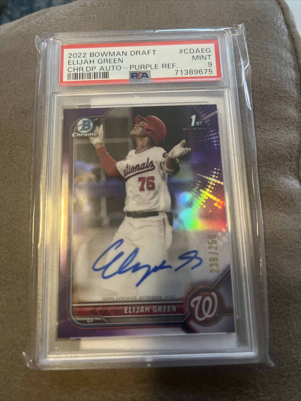 ELIJAH GREEN 2022 BOWMAN CHROME DRAFT 1ST PURPLE REFRACTOR AUTO /250 PSA 9