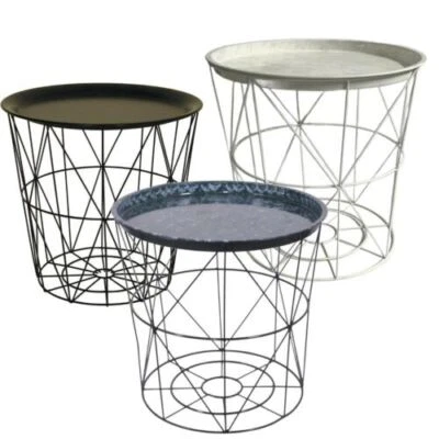Retro Black Metal Wire Round End Table -Storage Side Table Basket Home Furniture