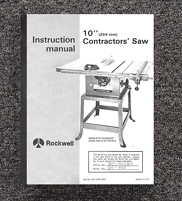 #ad Instruction amp; Parts Manual Fits Rockwell Delta Model 34 440 10quot; Contractors Saw $14.97