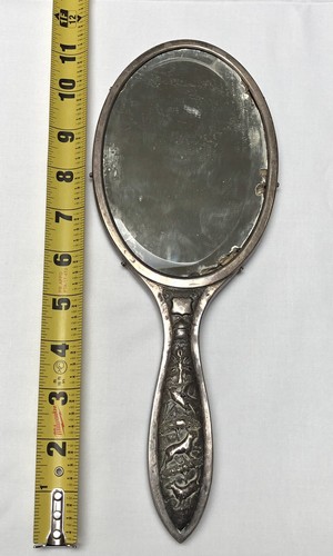 Antique African Animal Theme Silver Hand Mirror - Picture 3 of 9