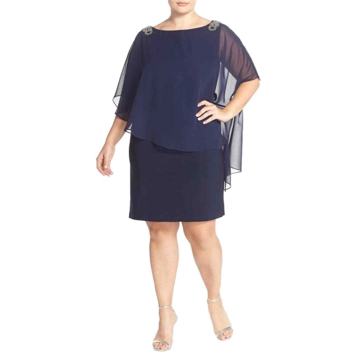 Xscape Capelet Embellished Chiffon Navy Blue Formal Cocktail Dress Plus Size 20W