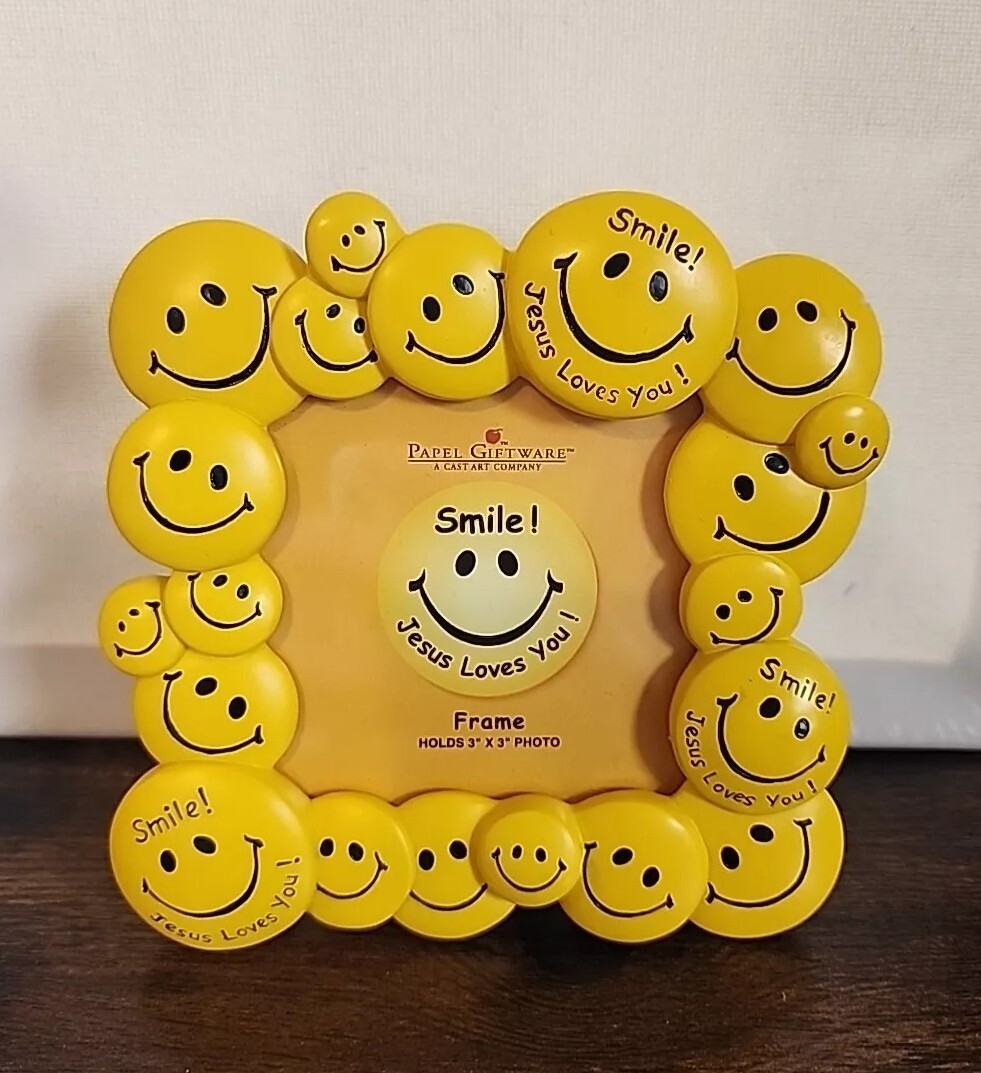 Smile Jesus Loves You Picture Frame 3x3 Photo Bright Yellow Smiley