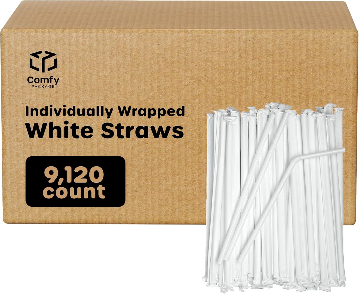 Comfy Package [Case of 9,120] Individually Wrapped Straws, Disposable Plastic Fl