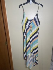 Alternative sz L Cross Front Faux Wrap Sleeveless Jersey Dress Colorful Striped