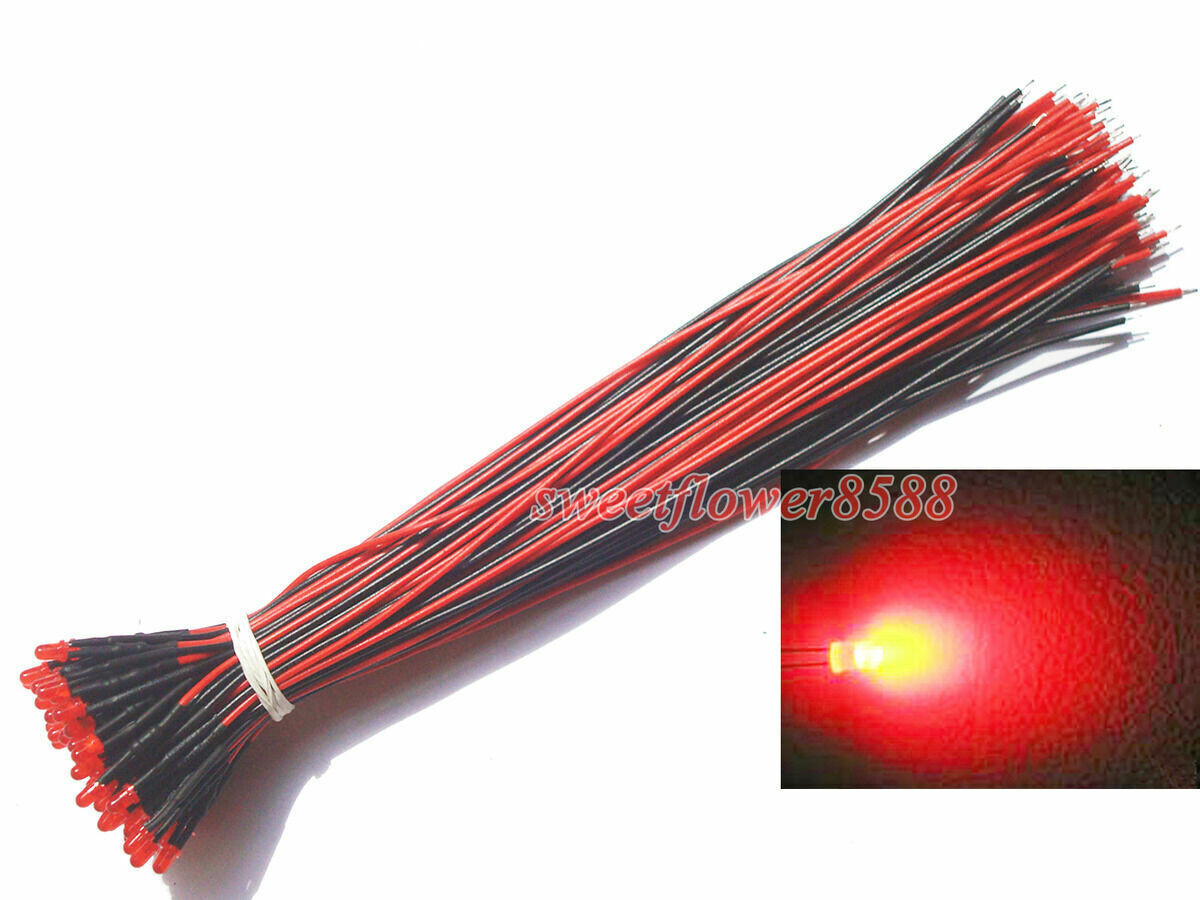 100 pcs 3mm pre wired red diffused Led Light Lamp 24V DC 30cm Wired LED ...
