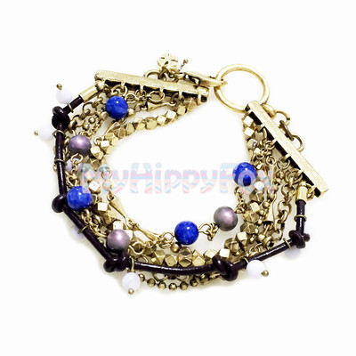 Lucky Brand Layers Gold Tone Chain Lapis Multi Stone Bead Leather