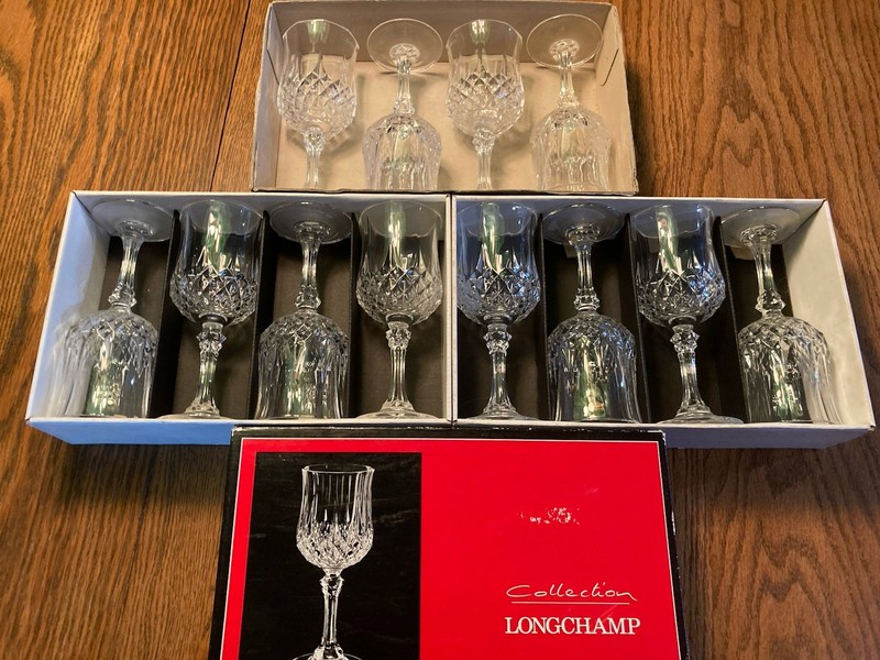 VINTAGE LONGCHAMP CRISTAL D'ARQUES 6 OZ.  WINE  GLASSES 6 1/2" TALL  FRANCE (12)