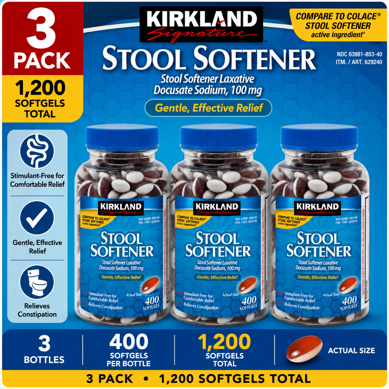 3-Pack Kirkland Signature Stool Softener, 100 mg, 400 Softgels