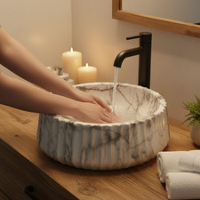 Fregadero de recipiente redondo acanalado | Lavabo de encimera hecho a mano con aspecto de piedra | Serie SILK