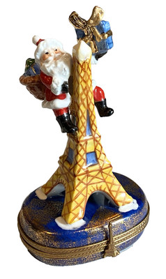 LIMOGES PEINT MAIN Trinket Box-SANTA Climbing EIFFEL TOWER w/Gift *I LOVE PARIS*