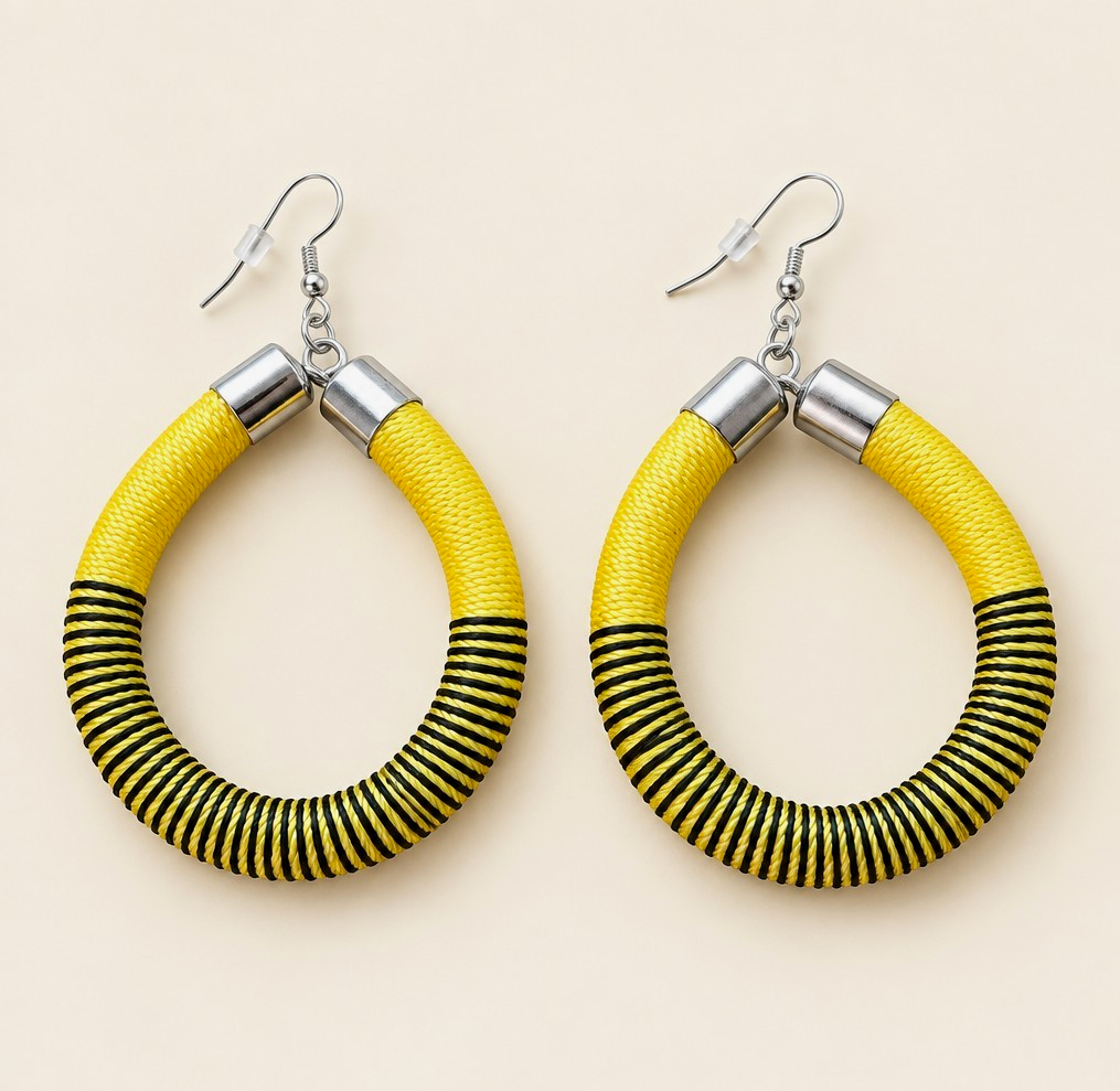 yellow black wrapped teardrop hoop dangle hook earrings silver tone