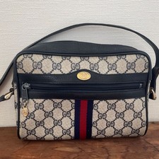 GUCCI Shoulder Bag Navy GG Supreme Sherry Line Old Gucci Vintage Leather PVC
