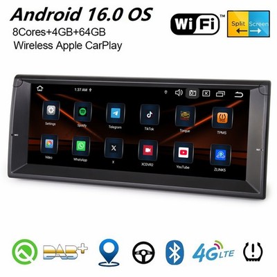 10,25'' 64GB Android 16 DAB+ Autoradio Navigation Carplay Wifi BMW 5 Serie E39 M5