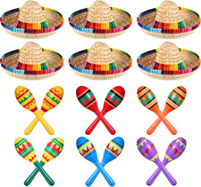 12 Pcs Colorful Wooden Maracas and 6 Pcs Mini Sombrero Hats - Mexican Fiesta Par