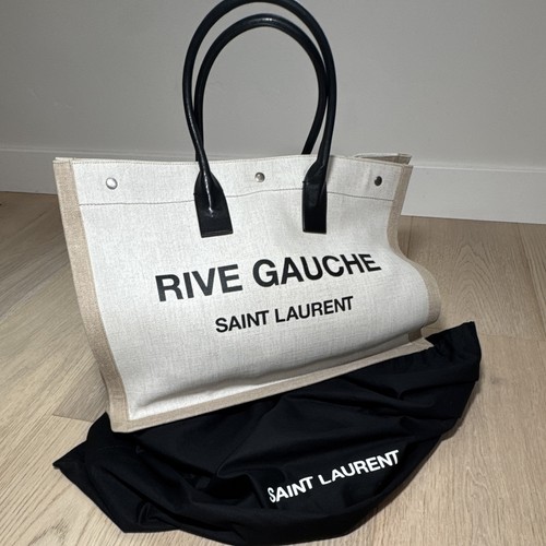 Saint Laurent Rive Gauche Logo Tote Beige Black Leather Handles Dust Bag