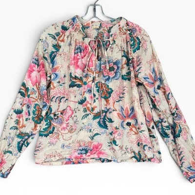 Matta Floral Paisley Blouse Small Pink Teal Smocked Tie Neck Cotton Peasant Top