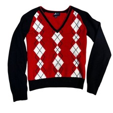 Burberry Golf Kids Argyle V Neck Sweater Red Black White XS Made in Portugal