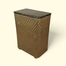 60s Gold Pearl-Wick Wicker Laundry Hamper Diamond Weave Fleur-de-Lis w/Lid