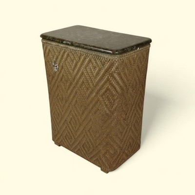60s Gold Pearl-Wick Wicker Laundry Hamper Diamond Weave Fleur-de-Lis w/Lid