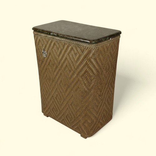 60s Gold Pearl-Wick Wicker Laundry Hamper Diamond Weave Fleur-de-Lis w/Lid