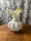 VINTAGE FENTON ART GOLD CREST WHITE MILK GLASS MELON VASE RUFFLED 8.25"