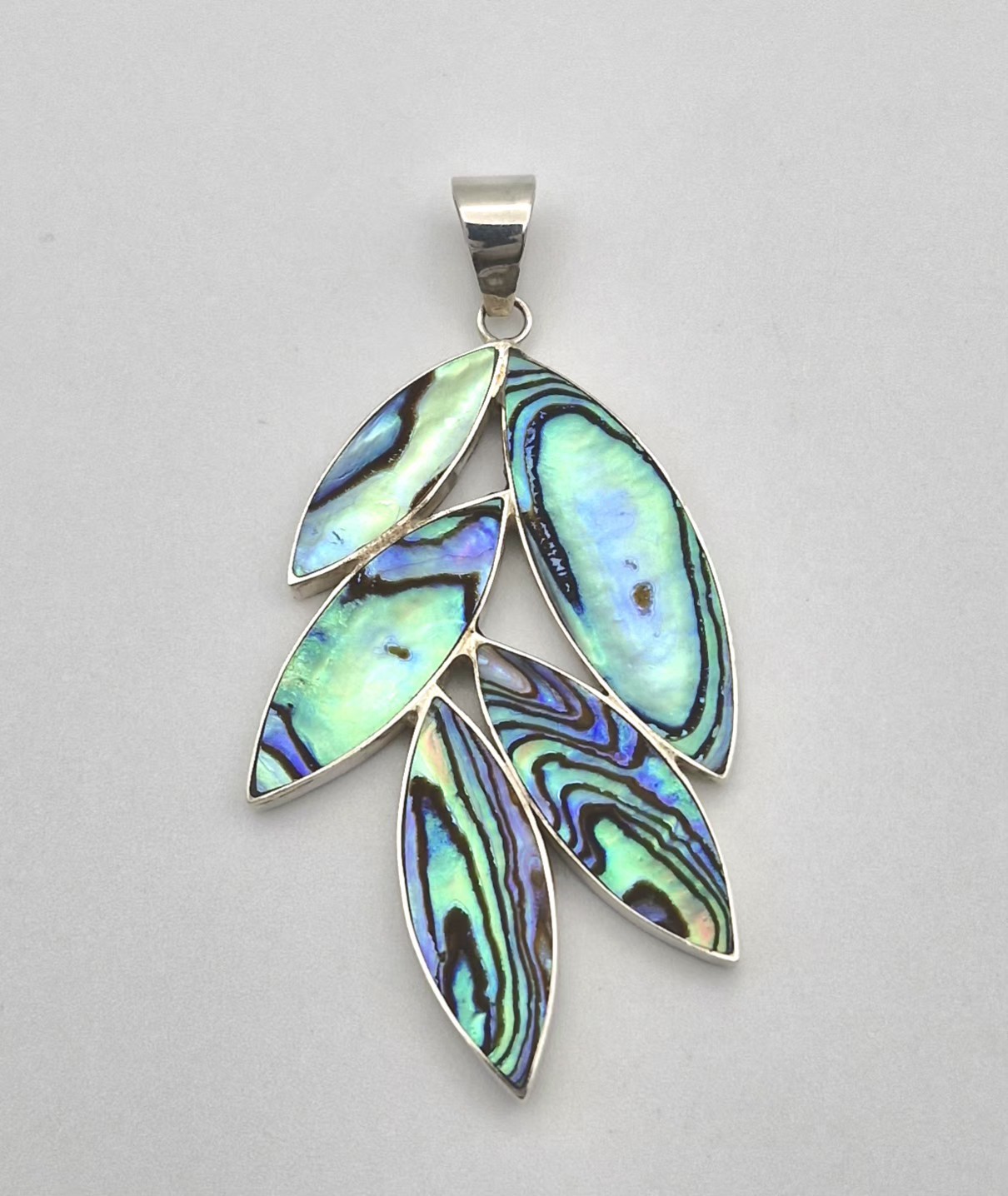 Vintage Solid Silver Abalone Paua Shell Leaf Pend… - image 1