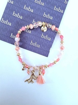 Biba Kristall Armband Lachs Gold , dehnbar, 18 cm mit Anhänger , Neu/B1799