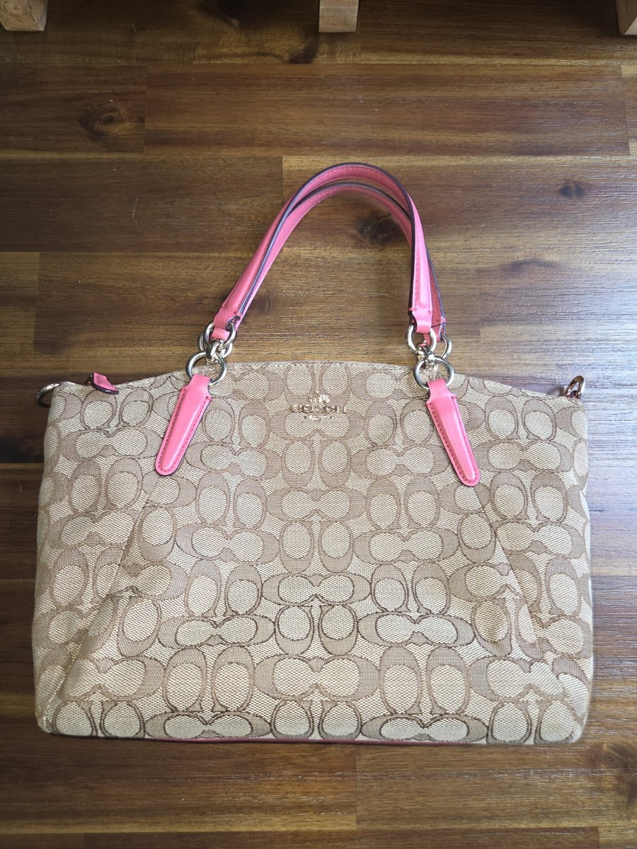 Coach F58283 Signature Canvas Tote Bag Khaki Pink Leather Trim Zip