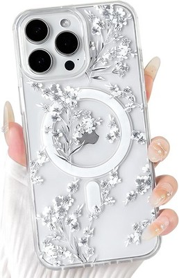 iPhone 14 Pro Max Case Clear Magnetic Cute Flowers Floral Leaves Hard PC Cover -