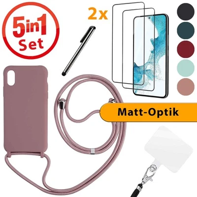 Handykette mit Panzerfolie Handy Hülle Band Silikon Case Kordel Handytasche Matt - Bild 1 von 4