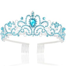 Blue Crystal Rhinestone Tiara Crown with Hair Combs for Women - F Sliver - Blue