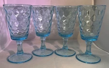 L G Wright Quilted Diamond Blue 7” Water Goblets EUC Set Of Four