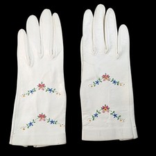 Vintage Womens White Leather Gloves With Floral Embroidery Size 6.5