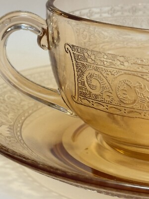 Fostoria Vesper Amber 1920 s Tea Cup Saucer 5093 SET OF 2