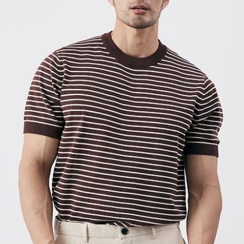 Kontrast Streifen Design Herren Kurzarm T-Shirt Mode Slim Freizeit Strick Tops - Bild 11 von 13