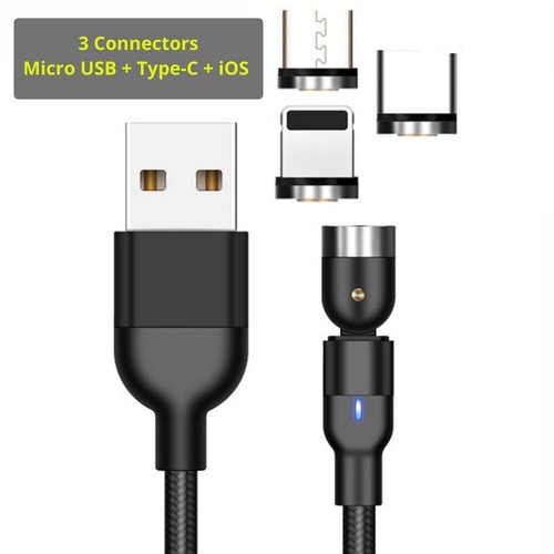 3A Magnetic Charger Cable 3 Connectors - Type-C - Micro USB - iPhone - Black 1m - Picture 1 of 6
