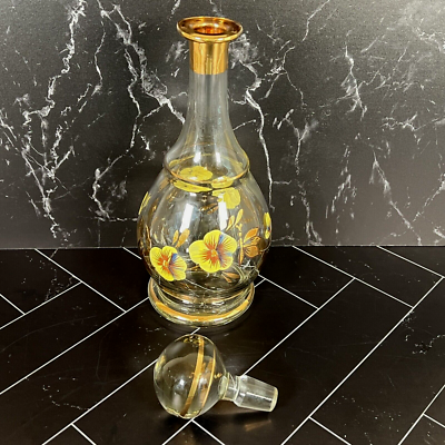 Vintage Romanian Crystal Decanter 6 Glasses Hand Painted Yellow