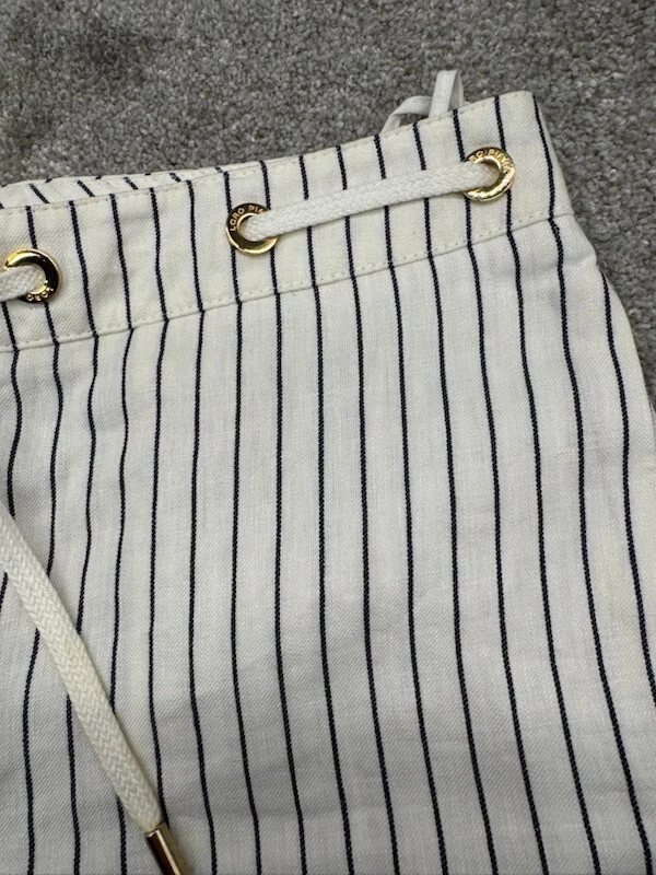 Pantalones Cortos Loro Piana de Lino para Mujer 28 Rayas Blanco Negro Dorado Ojales Cordón Foto 4 de 4