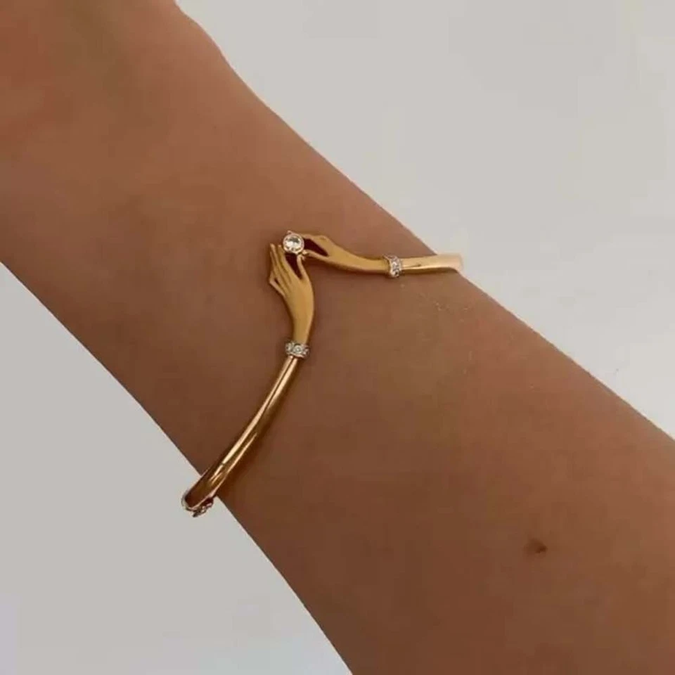 0.50 CTW Created Round Diamond 14K Yellow Gold Plated Love Hands Bangle Bracelet - Image 3 of 4