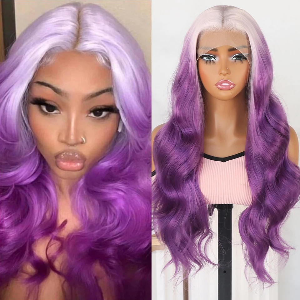 Pelucas delanteras de encaje onduladas para el cuerpo rosa hielo ombre púrpura cabello largo ondulado seguro contra el calor natural Foto 2 de 4