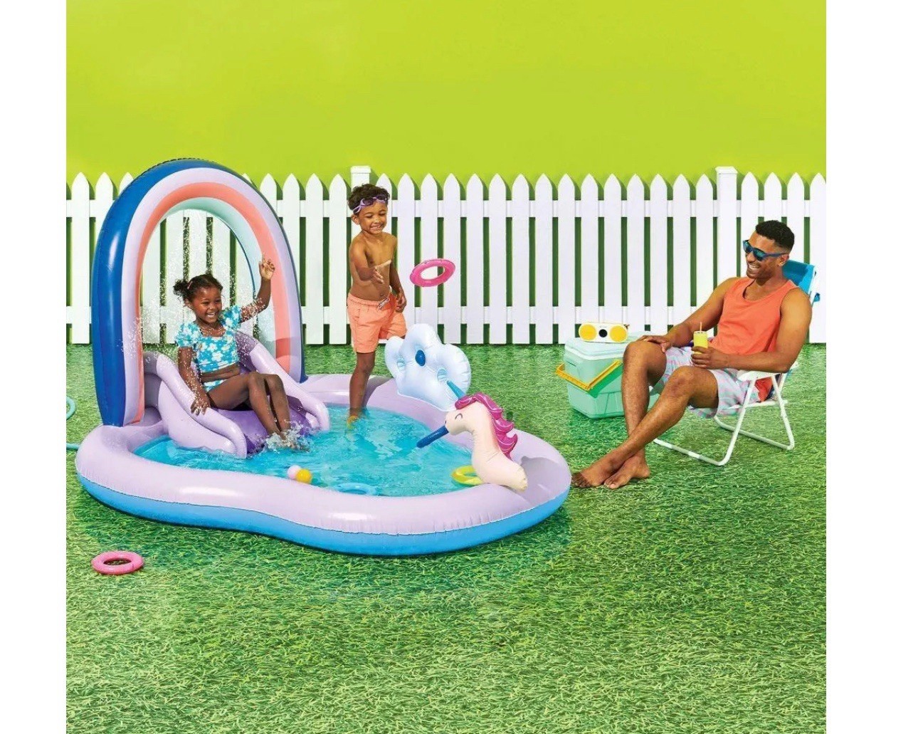  Unicorn Inflatable Play Center Kiddie Pool with Slide and Sprinkler Rainbow