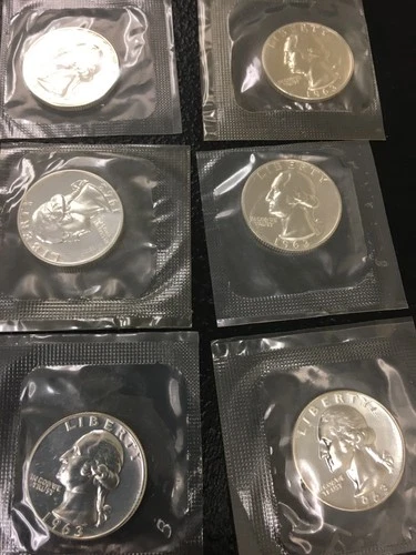 6 BU 1963 Washington Silver Quarters Brilliant Uncirculated Sealed -6 coins